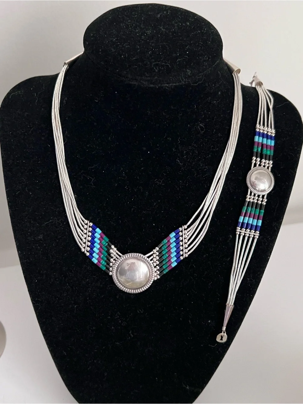 925 Sterling Navajo Multi-Strand Beaded Liquid Silver Necklace Bracelet Set